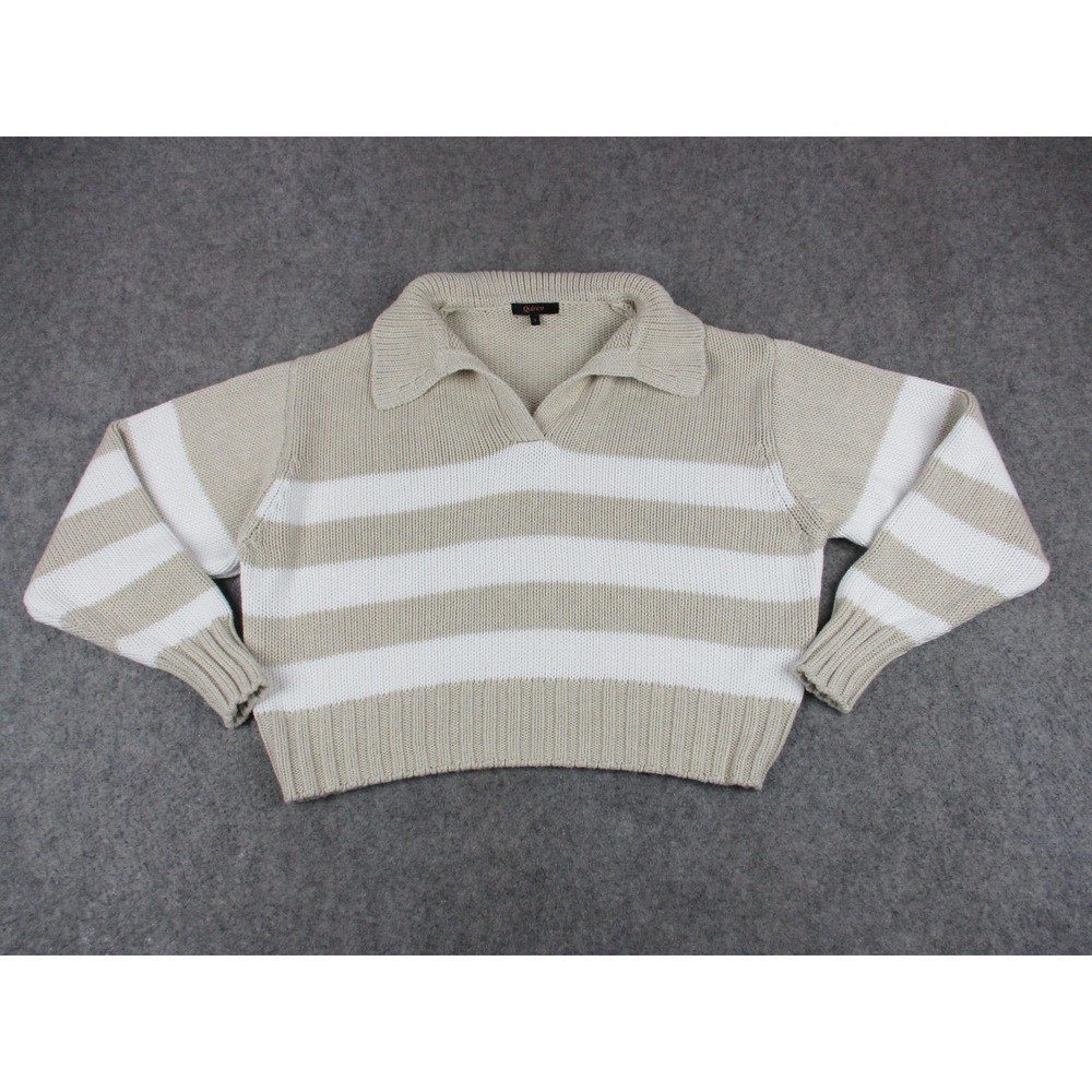 Quince Sweater Womens Small Beige White Striped Collared Crop Polo Sweatshirt